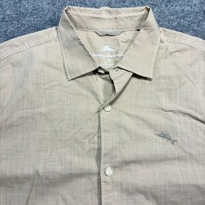Tommy Bahama Mens Large Tan Cotton Button Down Shirt Short Sleeve Logo